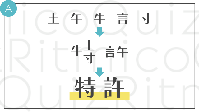 合体漢字-土午牛言寸--組み合わせてできる漢字の答えは「特許」