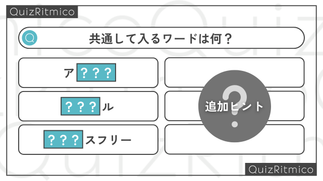 「ア???」、「???ル」、「???スフリー」。???に共通して入るワードは何？